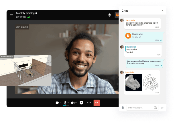 Video calls with screen sharing and a chat for messaging and file sharing Video calls with screen sharing and a chat for messaging and file sharing